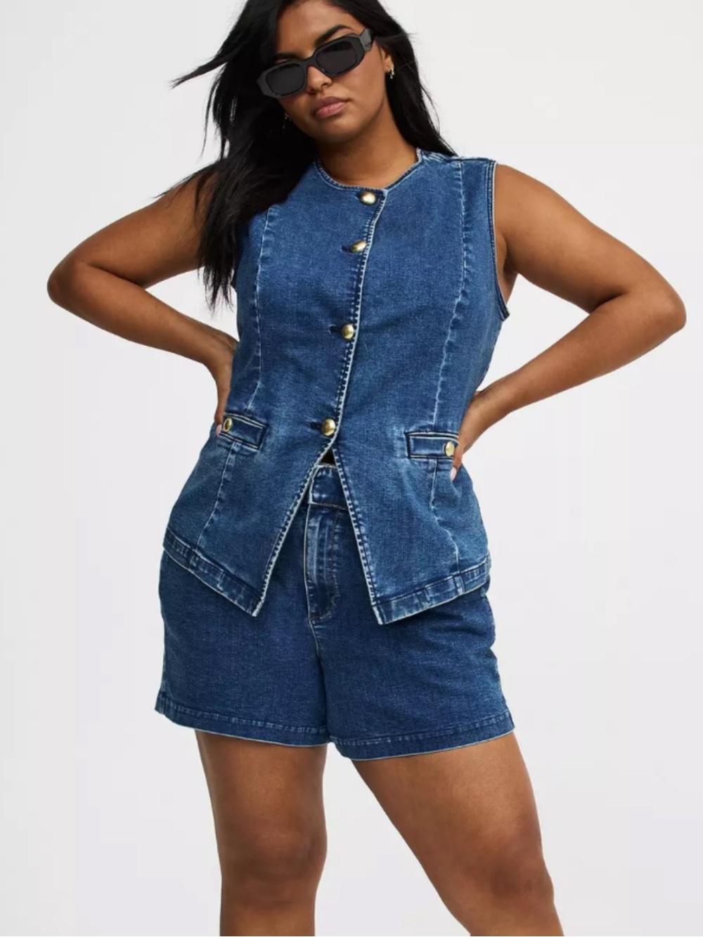 Torrid Studio High Neck Denim Vest Top Gold Buttons Long Blue Size 0